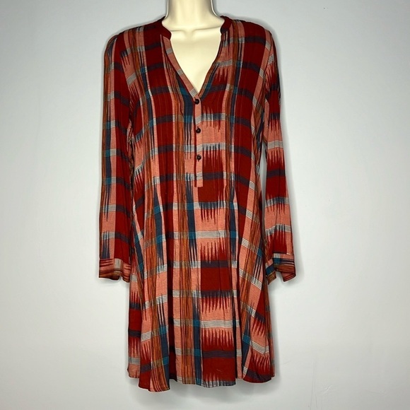 11.1.TYLHO XSMALL RUST & BLUE RAYON SHEATH LONG SLEEVED DRESS - Picture 1 of 11